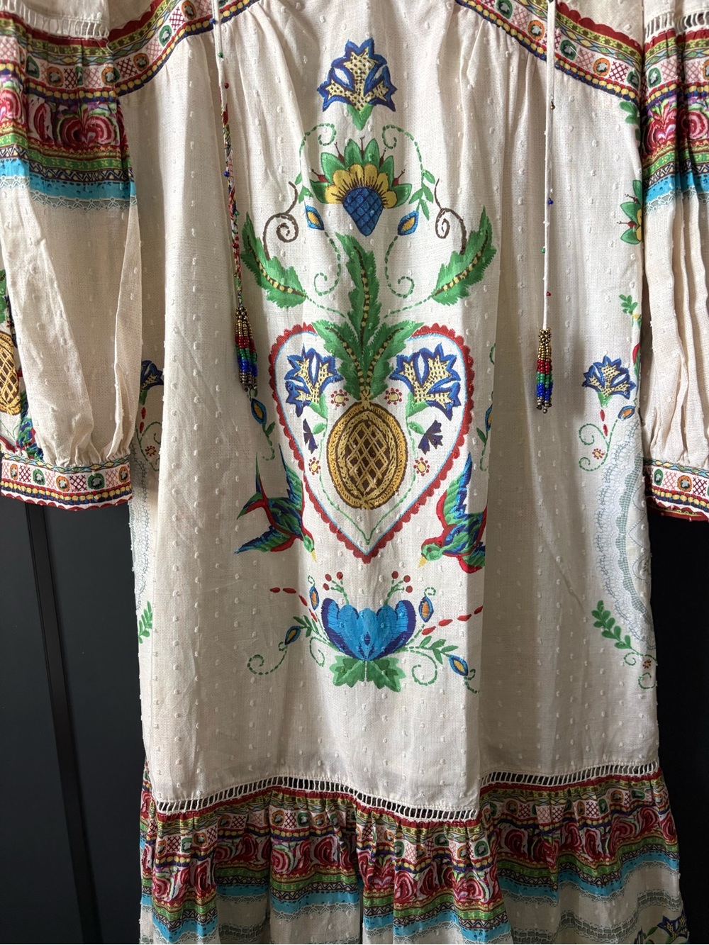 Farm Rio Boho Floral Embroidered Maxi Dress in Ivory and Teal - Picture 3 of 12